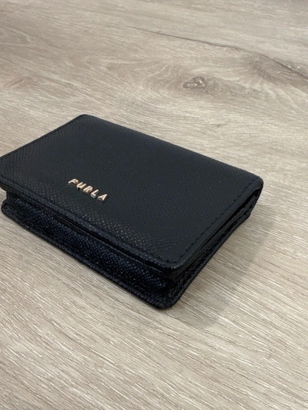 Furla Black Leather Trifold Wallet with Gold Logo